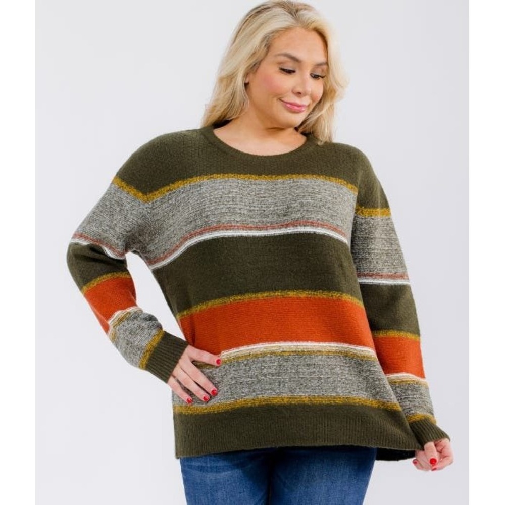 Skies are Blue Striped Oversize Crewneck Sweater Olive Rust Granola Cabincore 2X